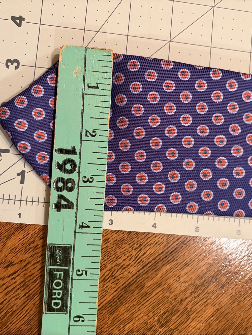 Drakes Navy Blue Silk Tie with orange and Light Blue Medallions - Picture 9 of 10